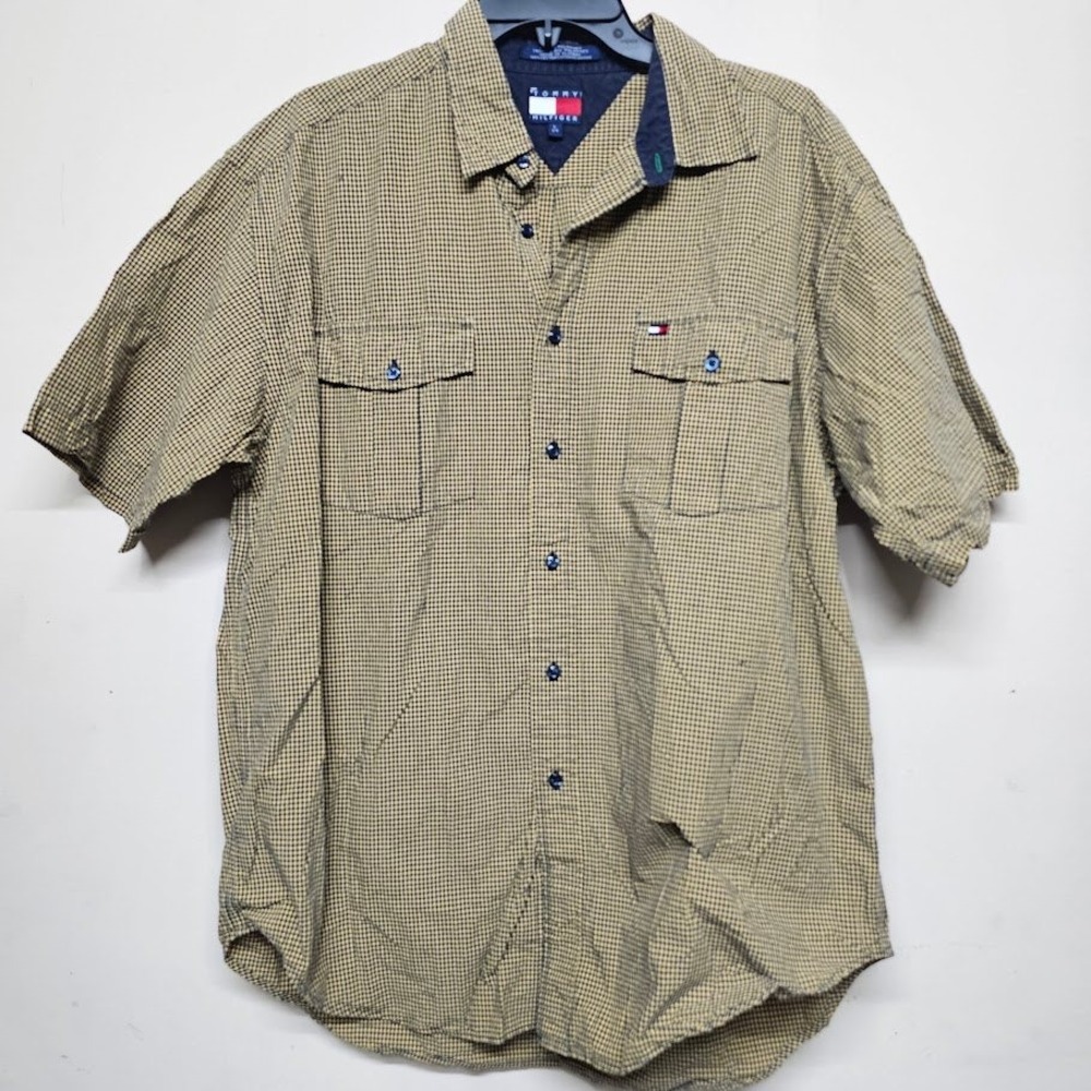 Tommy Hilfiger Men Short‎ Sleeve Button Up Shirt Gingham L Y2k 90s Streetwear